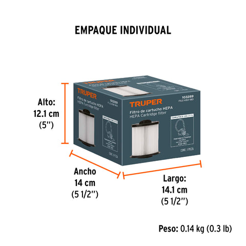 Filtro de cartucho HEPA para ASD-180, TRUPER | FILC-ASD-180 | 103289