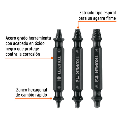Blíster con 3 puntas extractoras de tornillos, Truper | PUNE-3 | 103311