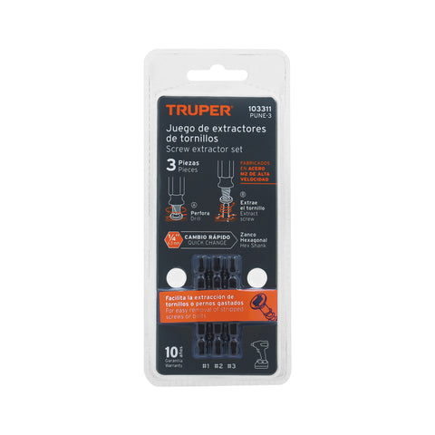 Blíster con 3 puntas extractoras de tornillos, Truper | PUNE-3 | 103311