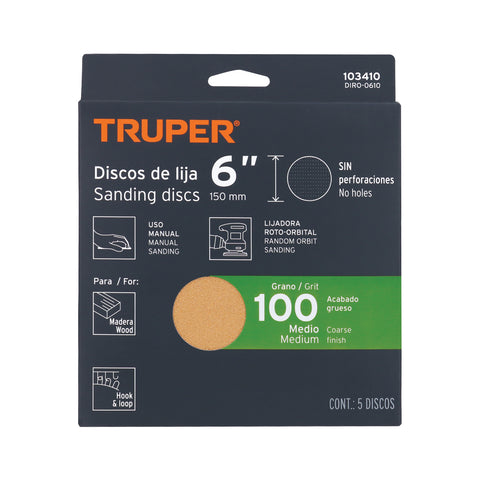 Paquete c/5 discos de lija 6' grano 100, ciegos | DIRO-0610 | 103410