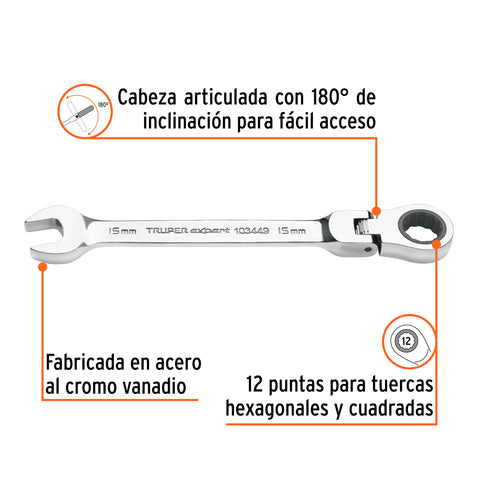 Llave combinada con matraca 15 mm flexible, Expert | LL-2015MXF | 103449