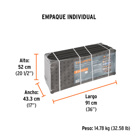 Estante plástico uso rudo 7 rep/cap. 70 Kg, 185x43x91,TRUPER | EST-7 | 103600