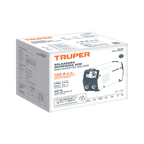 Mini soldadora inversora, 130A, bi-voltaje 127/220V, TRUPER | SOIN-120MBT | 103704
