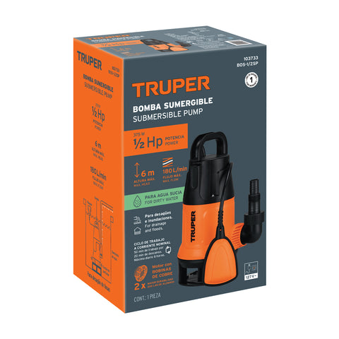 Bomba sumergible plástica, 1/2 HP para agua sucia, TRUPER | BOS-1/2SP | 103733