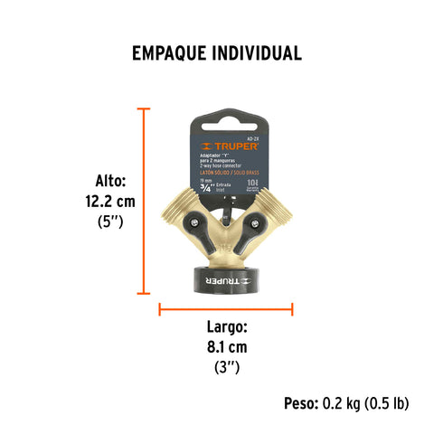 Conector 'Y' 3/4' latón sólido con tuerca móvil p/manguera | AD-2X | 10375