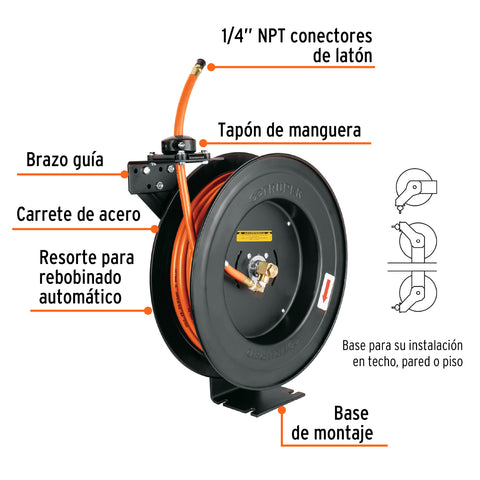 Manguera para compresor,de hule,15m x 3/8',carrete retráctil | CAMAI-15 | 10388