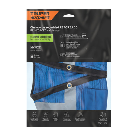 Chaleco seguridad reforzado azul con bolsas, M, EXPERT | CHS-800A-M | 103986