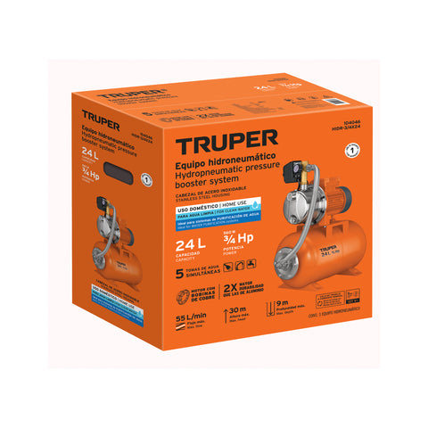 Equipo hidroneumático 24L, jet inoxidable 3/4 HP, TRUPER | HIDR-3/4X24 | 104046