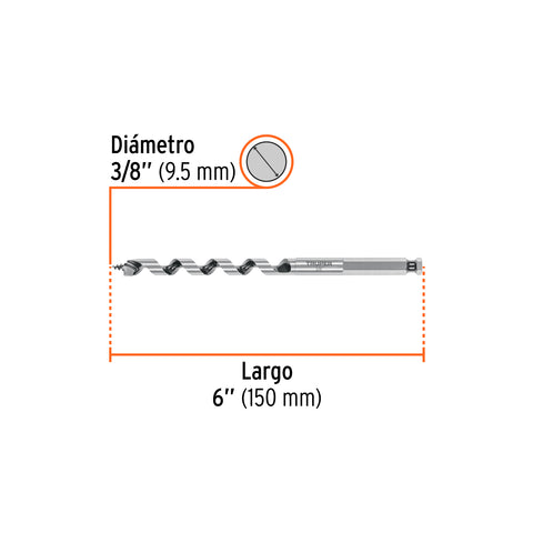 Broca auger tipo berbiquí 3/8' X 6', TRUPER | BAB-3/8X6 | 104059