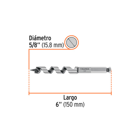 Broca auger tipo berbiquí 5/8' X 6', TRUPER | BAB-5/8X6 | 104061