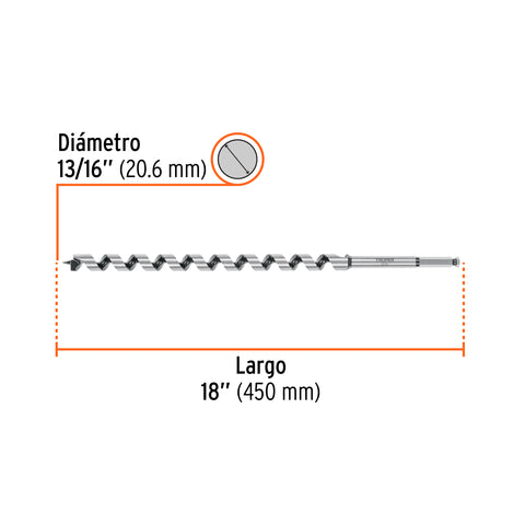 Broca auger tipo berbiquí 13/16' X 18', TRUPER | BAB-13/16X18 | 104071
