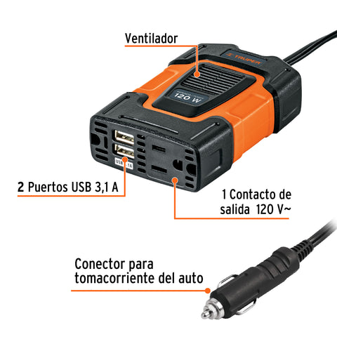 Inversor de corriente de 120 W con puertos USB, Truper | INCO-100 | 10447
