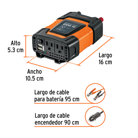 Inversor de corriente de 200 W con puertos USB, Truper | INCO-200 | 10448