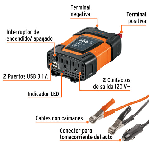 Inversor de corriente de 200 W con puertos USB, Truper | INCO-200 | 10448