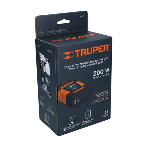 Inversor de corriente de 200 W con puertos USB, Truper | INCO-200 | 10448