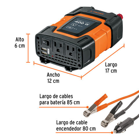 Inversor de corriente de 400 W con puertos USB, Truper | INCO-400 | 10449