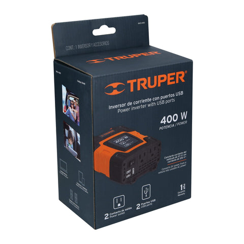 Inversor de corriente de 400 W con puertos USB, Truper | INCO-400 | 10449