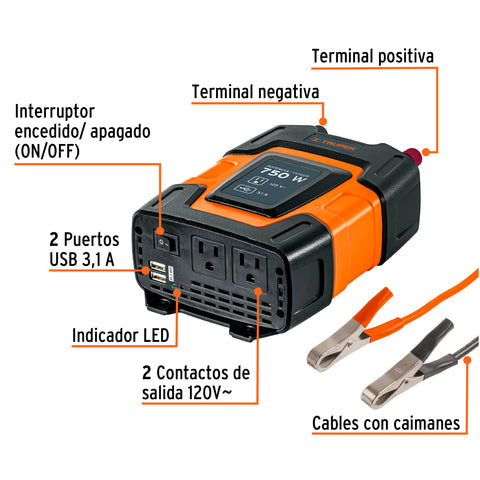 Inversor de corriente de 750 W con puertos USB, Truper | INCO-750 | 10490