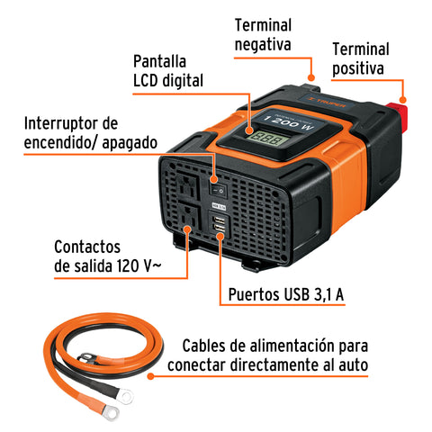 Inversor de corriente de 1200 W con puertos USB, Truper | INCO-1000 | 10491