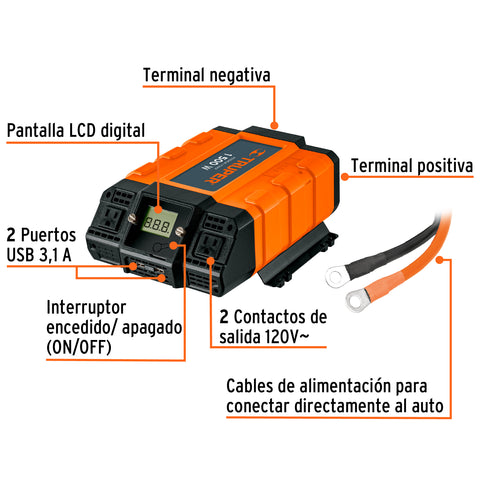 Inversor de corriente de 1500 W con puertos USB, Truper | INCO-1500 | 10492