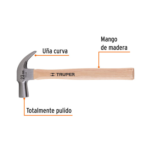 Martillo cabeza cónica 23 mm uña curva, mango madera, TRUPER | MAC-23 | 10557
