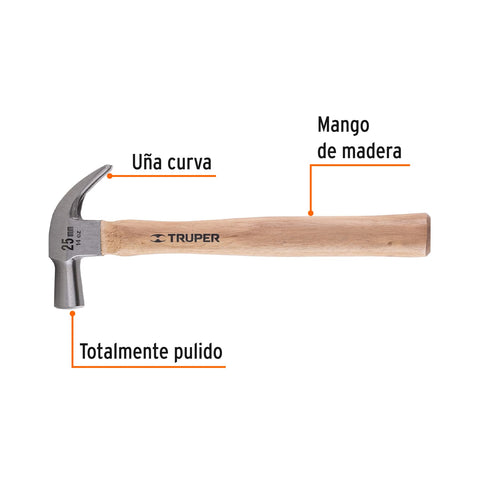 Martillo cabeza cónica 25 mm uña curva, mango madera, TRUPER | MAC-25 | 10558