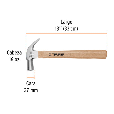 Martillo cabeza cónica 27 mm uña curva, mango madera, TRUPER | MAC-27 | 10560