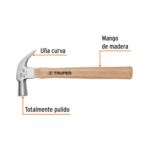 Martillo cabeza cónica 27 mm uña curva, mango madera, TRUPER | MAC-27 | 10560