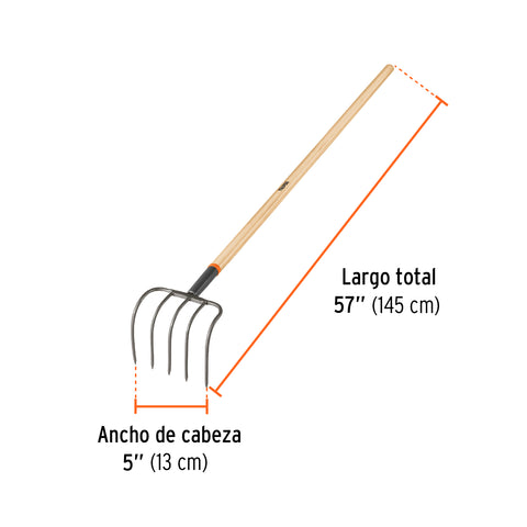 Cultivador forjado, 4 dientes, mango de madera 54', TRUPER | CUL | 10568