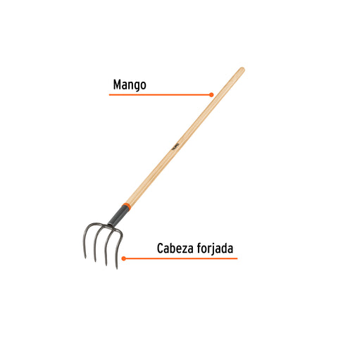 Cultivador forjado, 4 dientes, mango de madera 54', TRUPER | CUL | 10568