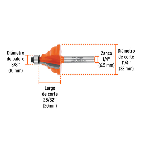 Broca para router, española, 1-1/4', con balero, Truper | BROU-ESP1-1/4X | 10676