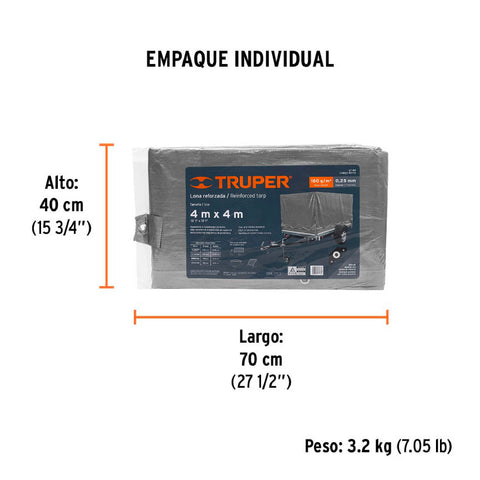 Lona de polietileno reforzada 4 x 4 m, gris, 180g/m2, TRUPER | LT-44 | 10773