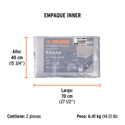 Lona de polietileno reforzada 4 x 4 m, gris, 180g/m2, TRUPER | LT-44 | 10773