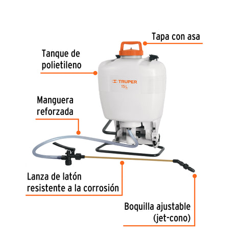 Fumigador de 15 L manual de mochila, Truper | FM-425 | 10887