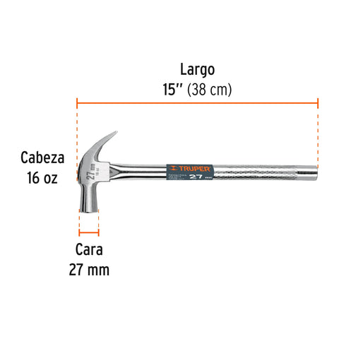 Martillo cabeza cónica 27 mm uña curva, mango tubular,TRUPER | MAC-27T | 10914