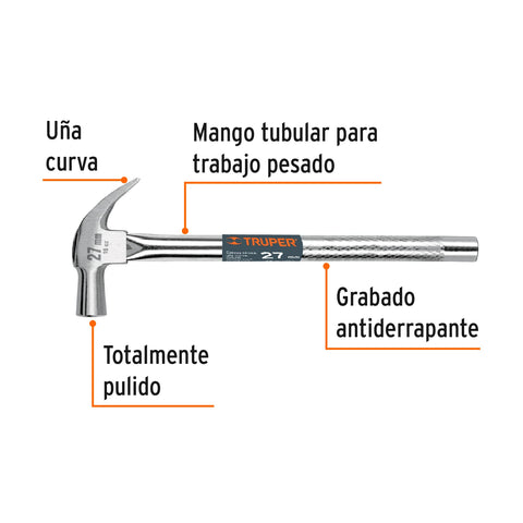 Martillo cabeza cónica 27 mm uña curva, mango tubular,TRUPER | MAC-27T | 10914