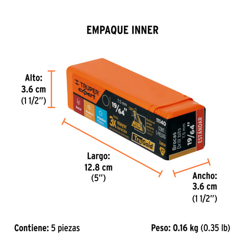 Broca HSS 19/64' Trugold para metal, Truper Expert | BAV-19/64 | 11140