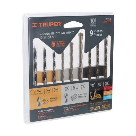 Juego de 9 brocas para metal, concreto y madera, Truper | JBMX-9 | 11339