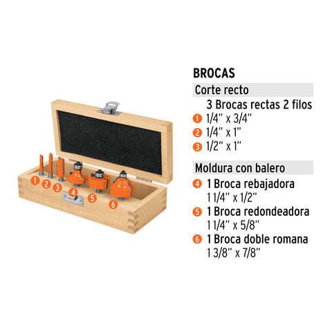 Juego de 6 brocas para router, Truper | JBROU-6 | 11359