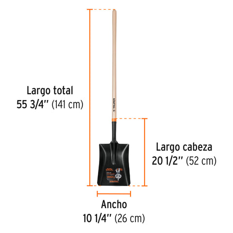 Pala T-2000 cuadrada, tipo español, mango largo 41', Truper | PCS-4L | 11391