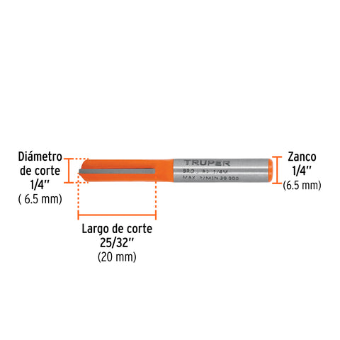 Broca para router, recta 2 filos, 1/4', mediana, Truper | BROU-R2-1/4M | 11452
