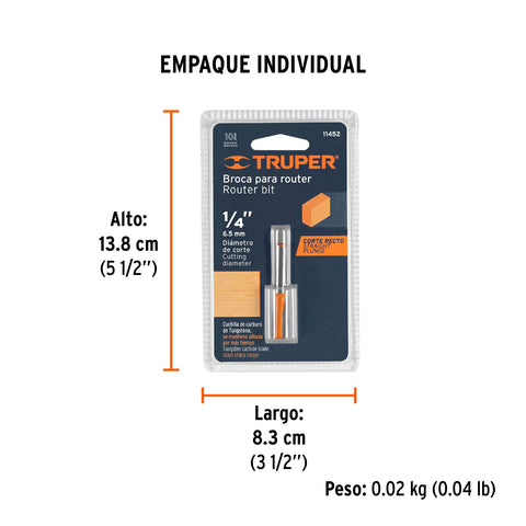 Broca para router, recta 2 filos, 1/4', mediana, Truper | BROU-R2-1/4M | 11452