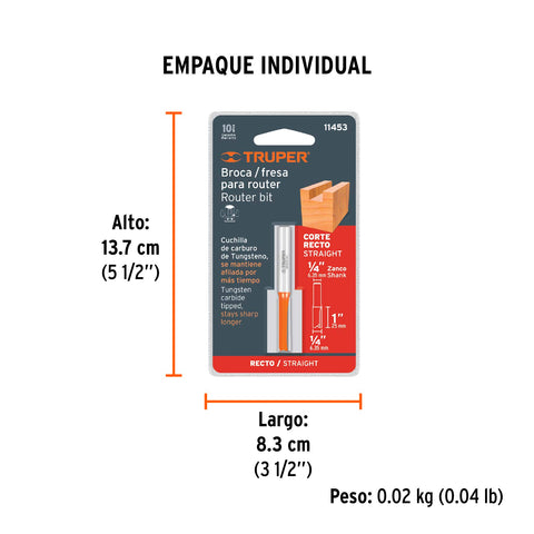Broca para router, recta 2 filos, 1/4', larga, Truper | BROU-R2-1/4L | 11453