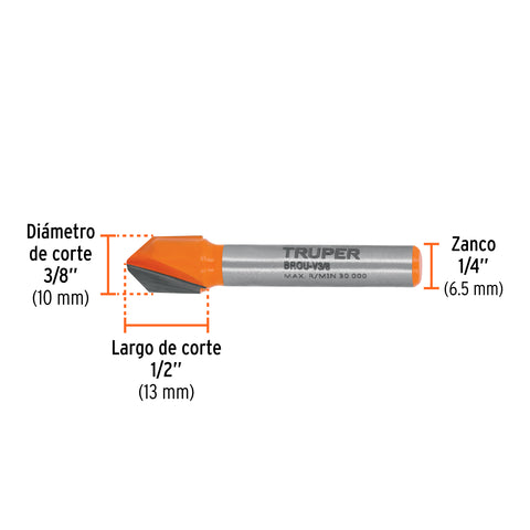 Broca para router, corte en 'V', 3/8', Truper | BROU-V3/8 | 11465
