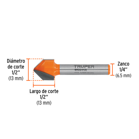 Broca para router, corte en 'V', 1/2', Truper | BROU-V1/2 | 11466
