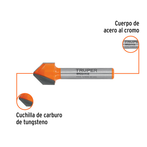 Broca para router, corte en 'V', 1/2', Truper | BROU-V1/2 | 11466