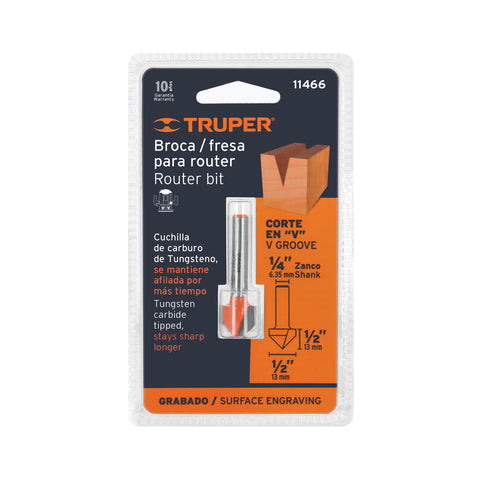 Broca para router, corte en 'V', 1/2', Truper | BROU-V1/2 | 11466
