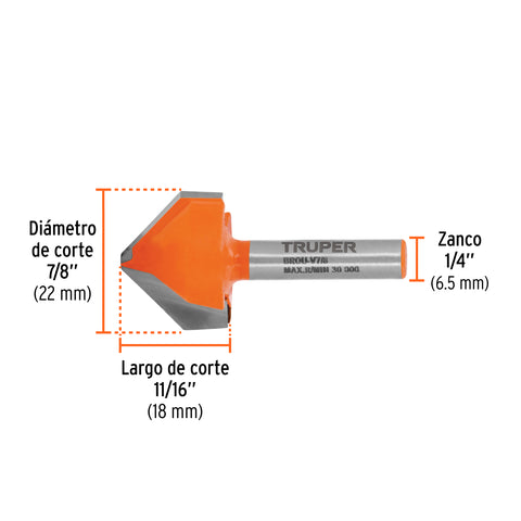 Broca para router, corte en 'V', 7/8', Truper | BROU-V7/8 | 11467