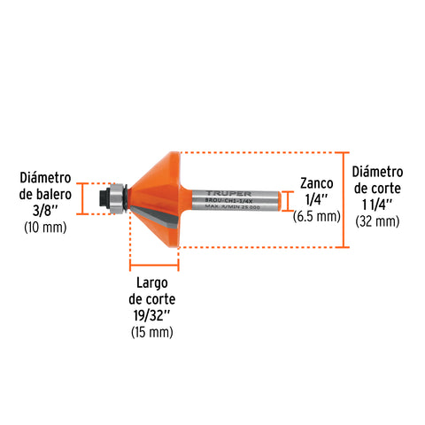 Broca para router, chaflán, 1-1/4' con balero, Truper | BROU-CH1-1/4X | 11468