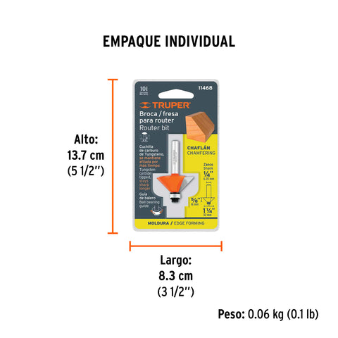Broca para router, chaflán, 1-1/4' con balero, Truper | BROU-CH1-1/4X | 11468